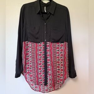 Free People mixed media Black and Red Floral Button-Up Blouse